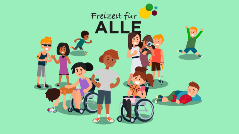 Illustration von elf Kindern mit und ohne Behinderung, die gemeinsam Freizeitaktivitäten genießen, darunter Rollstuhlfahrer und spielende Kinder, mit dem Text 'Freizeit für ALLE'