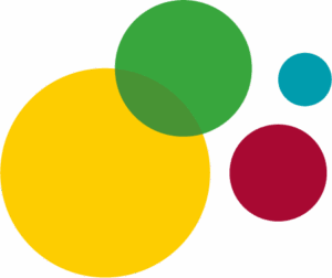 Logo mit vier überlappenden Kreisen in verschiedenen Größen und Farben