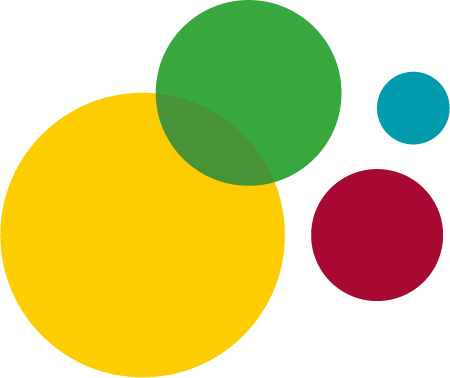 Logo mit vier überlappenden Kreisen in verschiedenen Größen und Farben