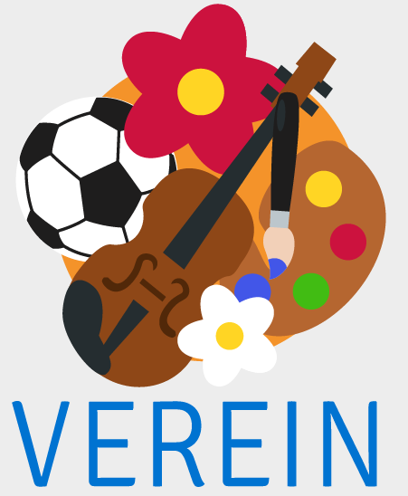 Illustration mit einem Fußball, einer roten und einer weißen Blume, einer Geige und einer Farbpalette mit Pinseln über dem Schriftzug 'VEREIN'
