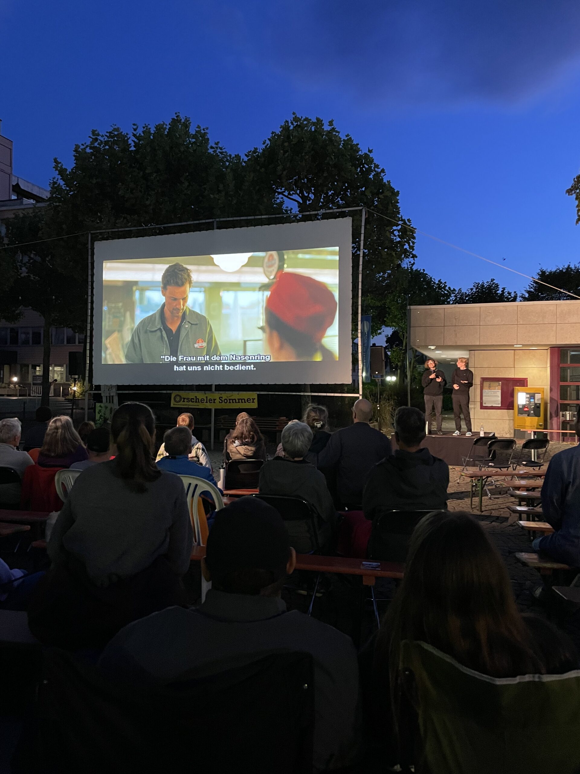 Blick auf die Leinwand in der Dämmerung. Davor die Zuschauer und rechts neben der Leinwand die Gebärdensprachdoltscherinnen