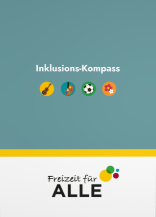 Blaue Mappe mit der Überschrift Inklusionskompass und dem Logo Freizeit für alle
